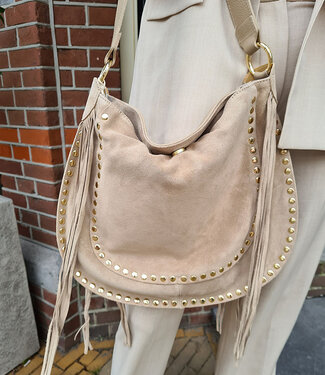 Lederen/Suede Grote Tas met Gouden studs Taupe