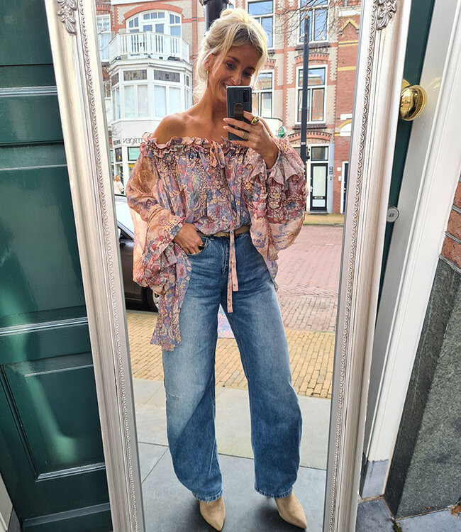 Offshoulder Ballonmouw Blouse Oudroze/Blauw