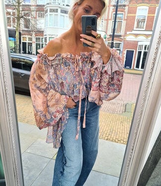 Offshoulder Ballonmouw Blouse Oudroze/Blauw