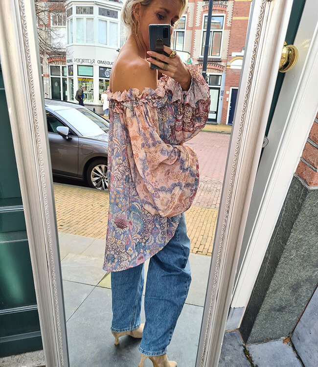 Offshoulder Ballonmouw Blouse Oudroze/Blauw