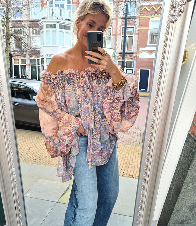 Offshoulder Ballonmouw Blouse Oudroze/Blauw