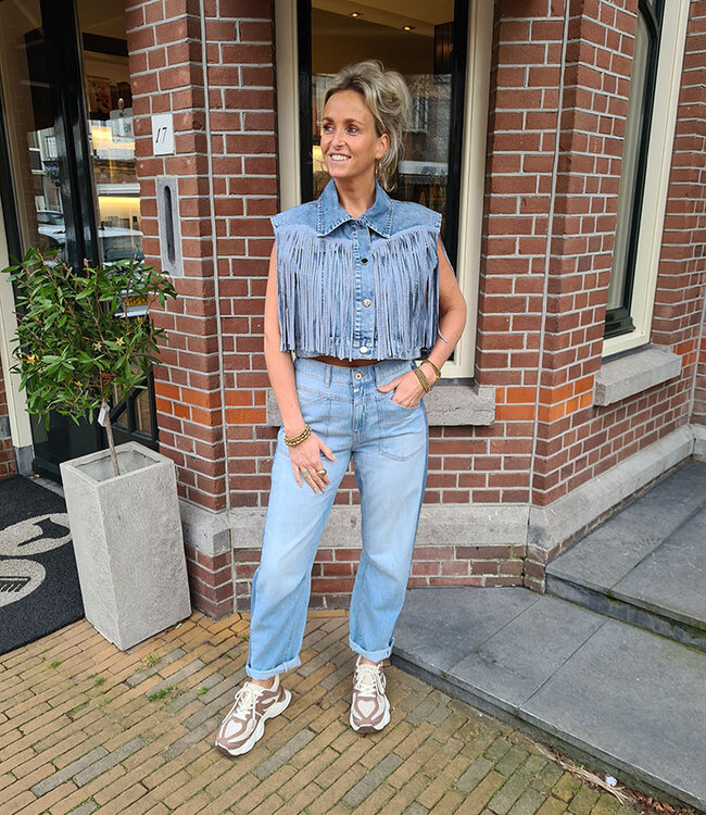 Mouwloze Denim Blouse Franje/Strass Blauw