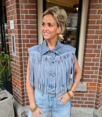 Mouwloze Denim Blouse Franje/Strass Blauw