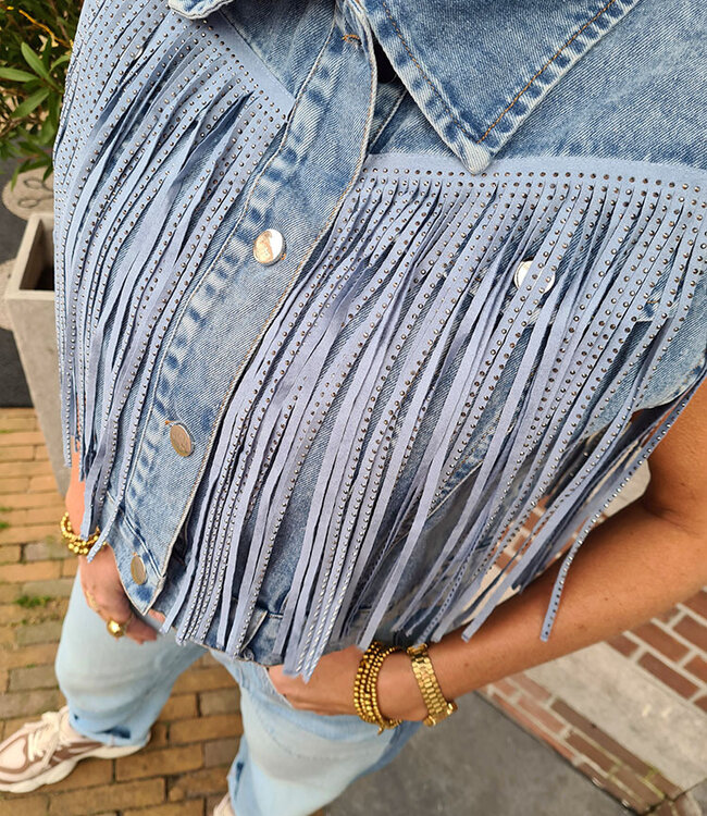 Mouwloze Denim Blouse Franje/Strass Blauw