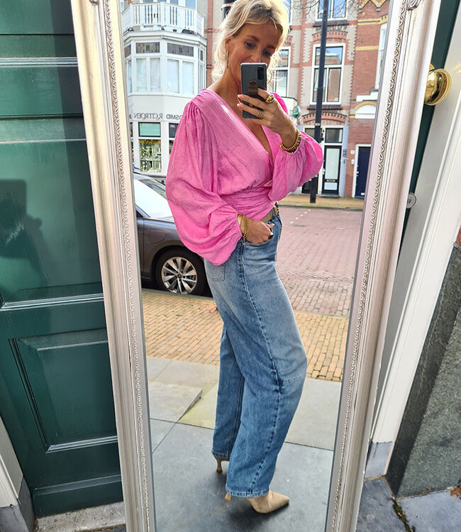Blouse Gesmokt Vhals Hard Roze