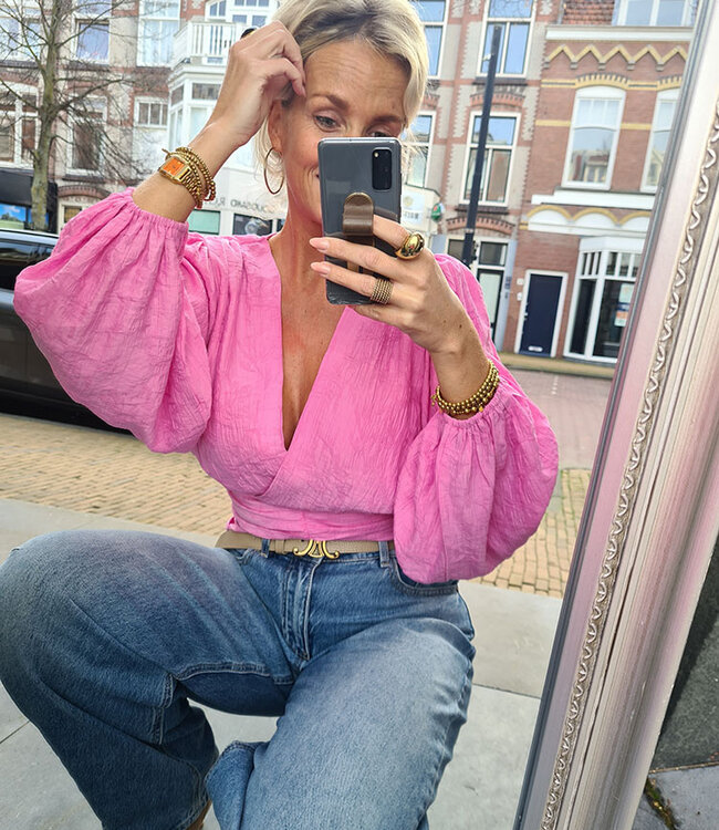 Blouse Gesmokt Vhals Hard Roze