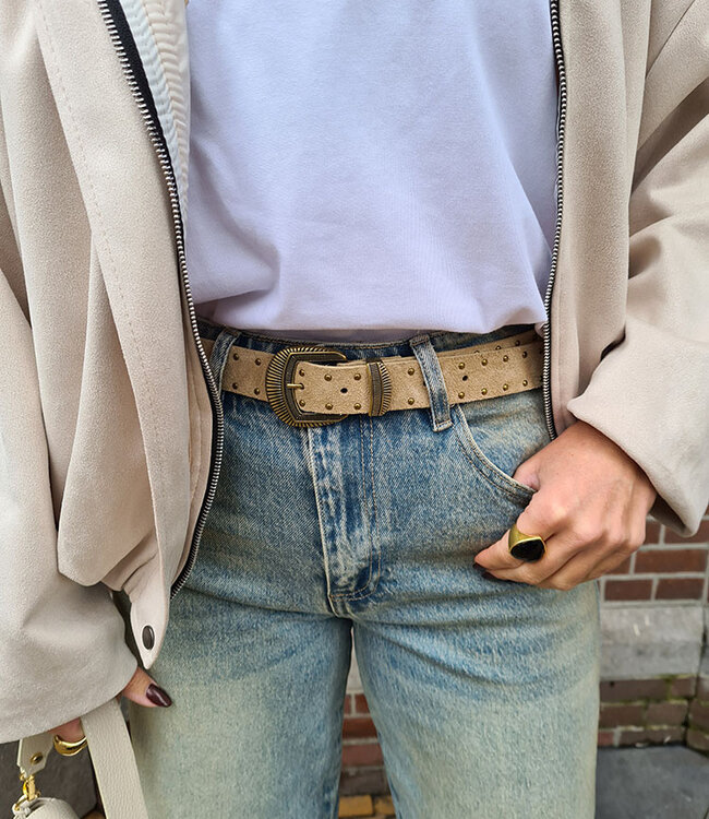 Suede Riem met Gouden Studs Taupe
