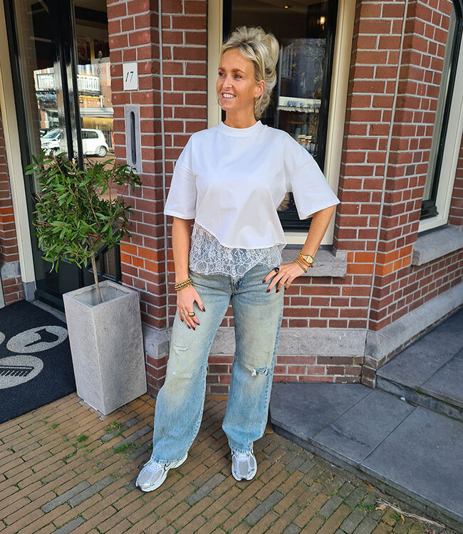 T-shirt met Kanten Details Offwhite
