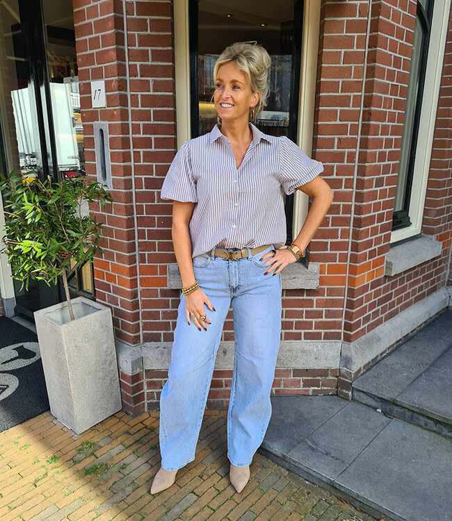 Blouse Streepjes Pofmouw Crème/Beige met Strass