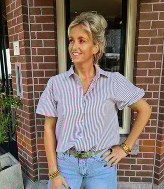 Blouse Streepjes Pofmouw Crème/Beige met Strass