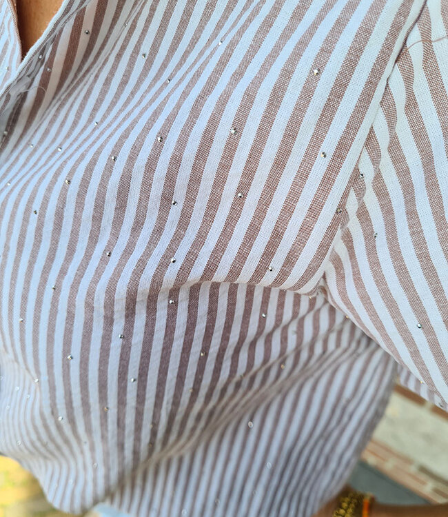 Blouse Streepjes Pofmouw Crème/Beige met Strass