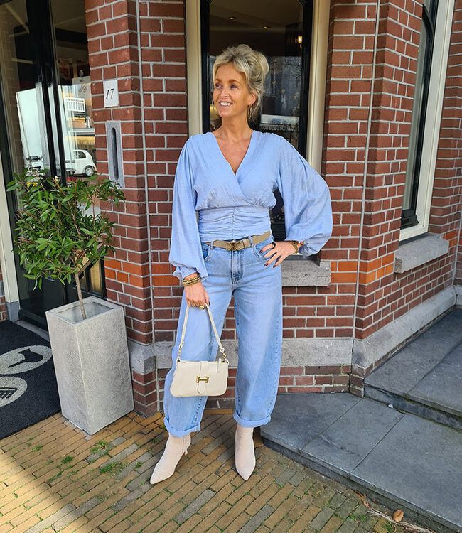 Blouse Gesmokt Vhals Zacht Blauw