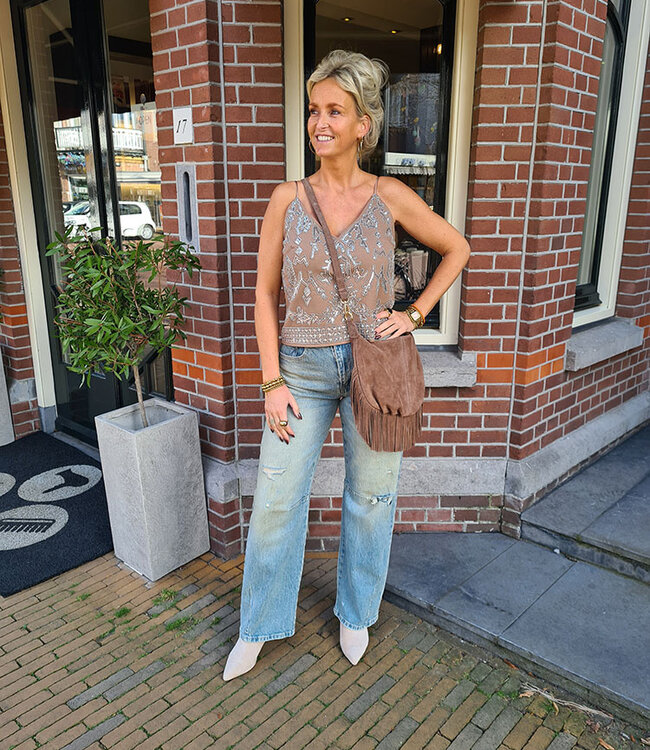 Vromy Suede Franje Tas Taupe