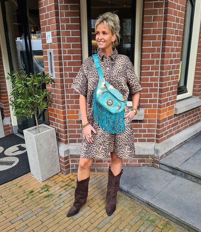 Lederen Heuptas Turquoise/Gold Franje