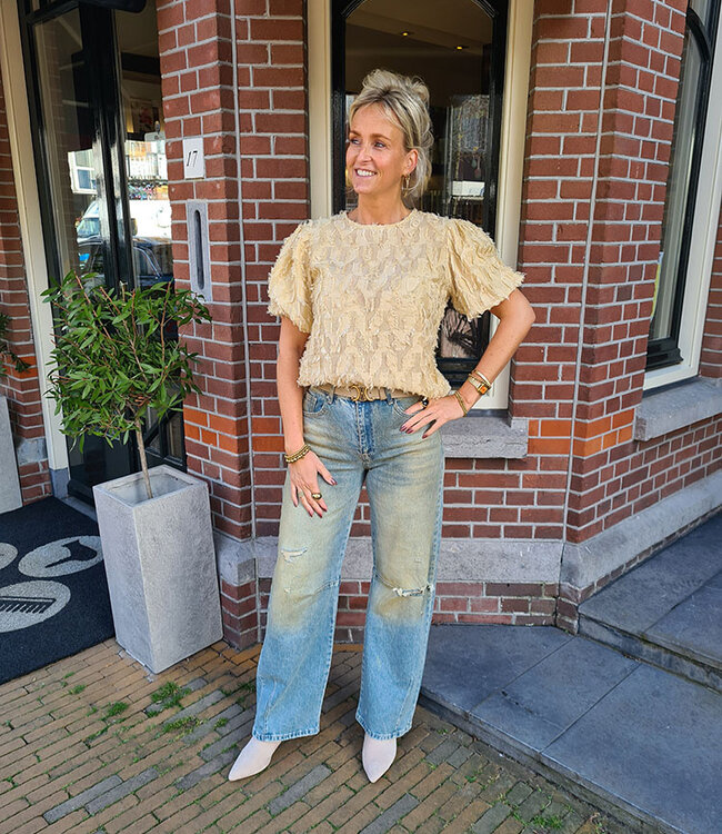 Azzurro Pofmouw Blouse Fluffy Mosterdgeel