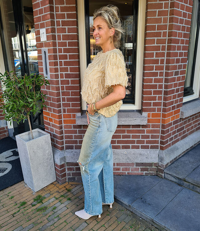 Azzurro Pofmouw Blouse Fluffy Mosterdgeel