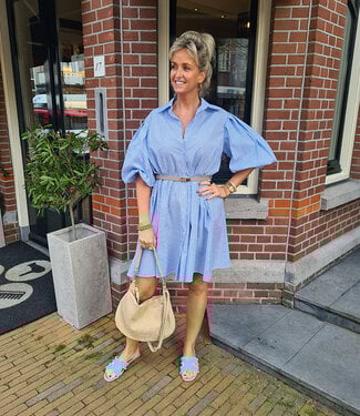 Oversized Dress Stripes met Strass Zachtblauw/Wit