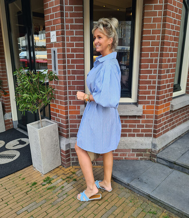 Oversized Dress Stripes met Strass Zachtblauw/Wit