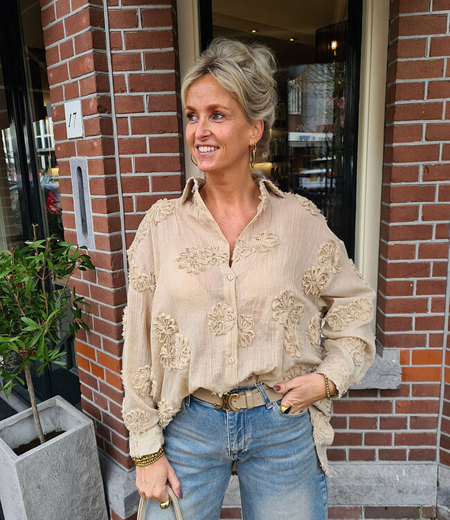 Luxe Oversized Blouse Flower Franje Donker Beige