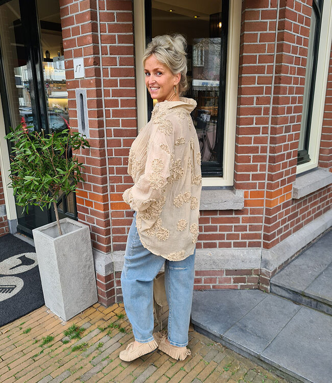 Luxe Oversized Blouse Flower Franje Donker Beige