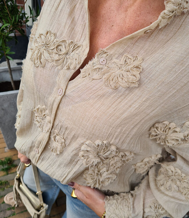 Luxe Oversized Blouse Flower Franje Donker Beige