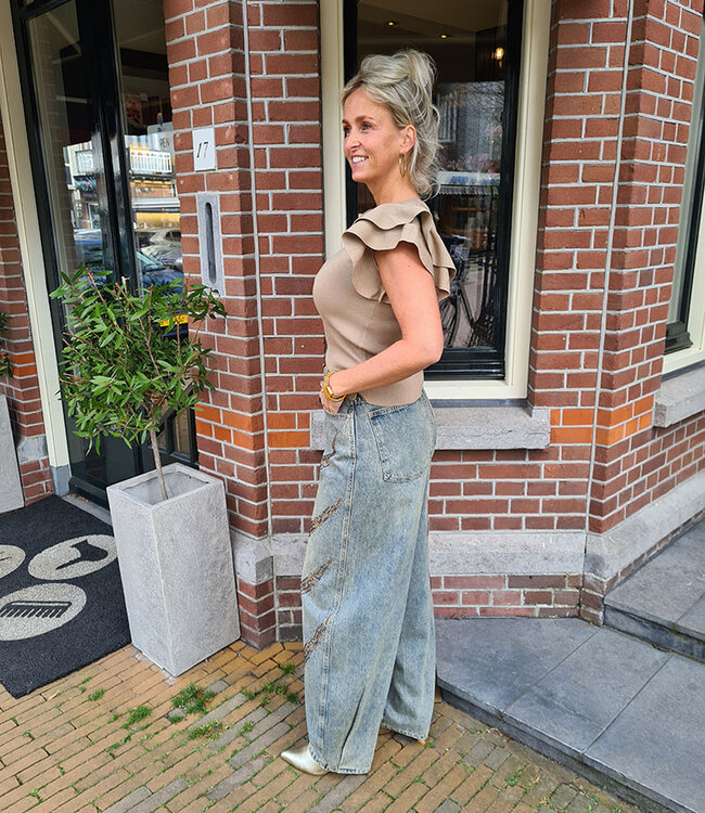Knit Top Ruffle Mouwtjes Taupe