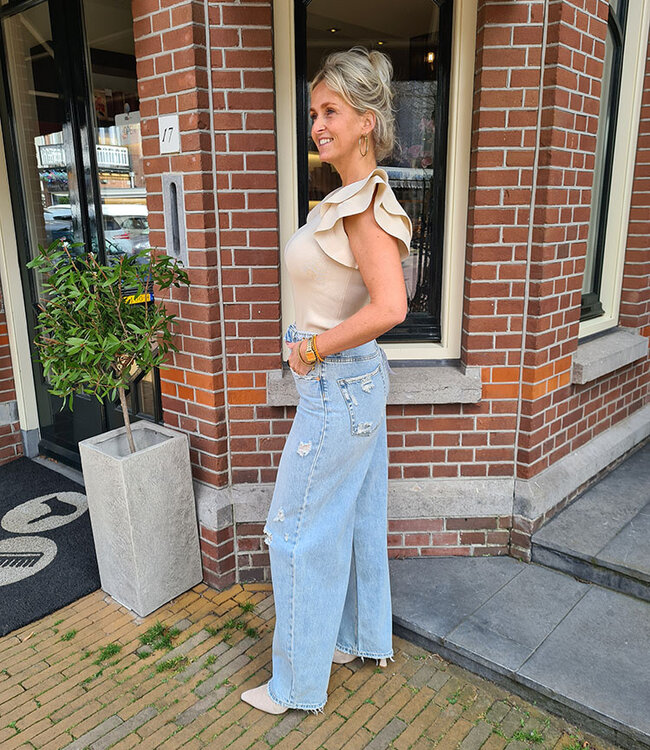 Knit Top Ruffle Mouwtjes Beige