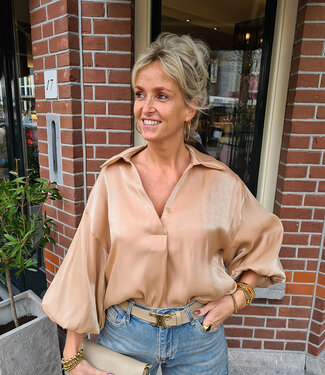 Blouse Shimmer Vhals Pofmouw Camel
