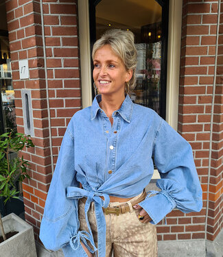 Denim Blouse Ballonmouwen Strikdetail