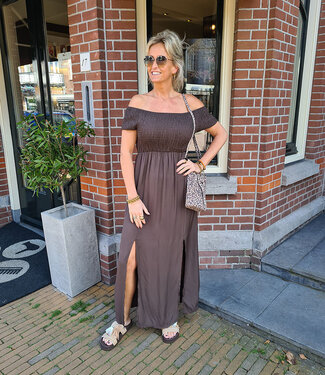 Offshoulder Dress met Split Donkerbruin