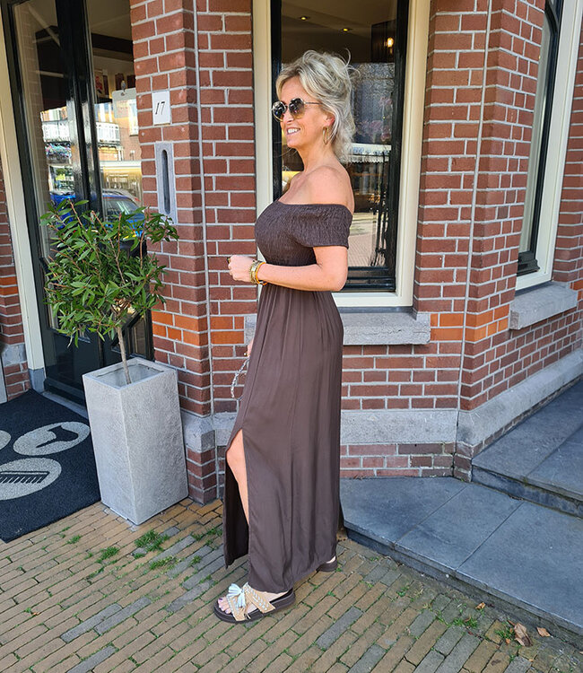 Offshoulder Dress met Split Donkerbruin