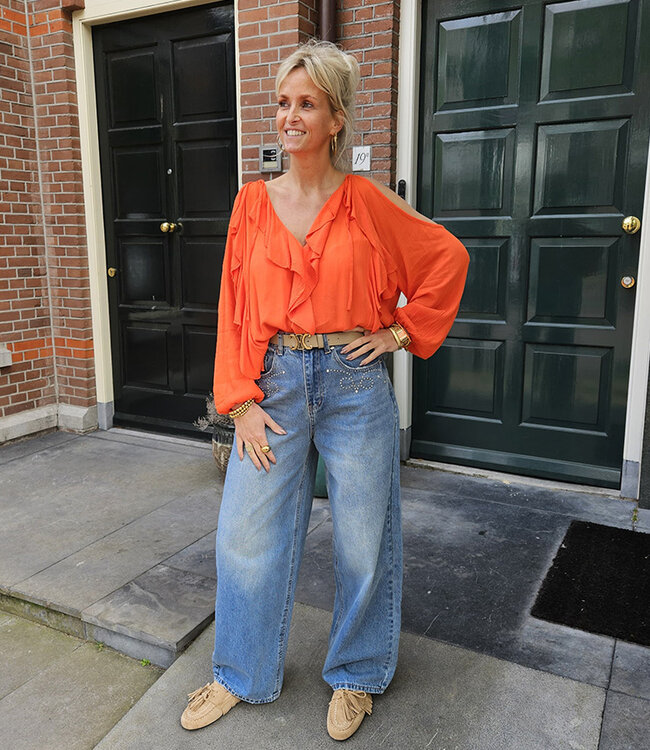 Blouse Opengewerkte Mouwen Ruffle Oranje