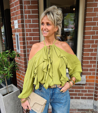 Blouse Opengewerkte Mouwen Ruffle Groen