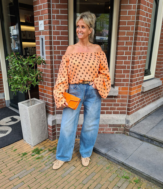 Offshoulder Blouse Dots Pofmouw Oranje