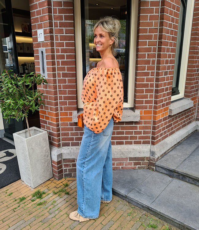 Offshoulder Blouse Dots Pofmouw Oranje