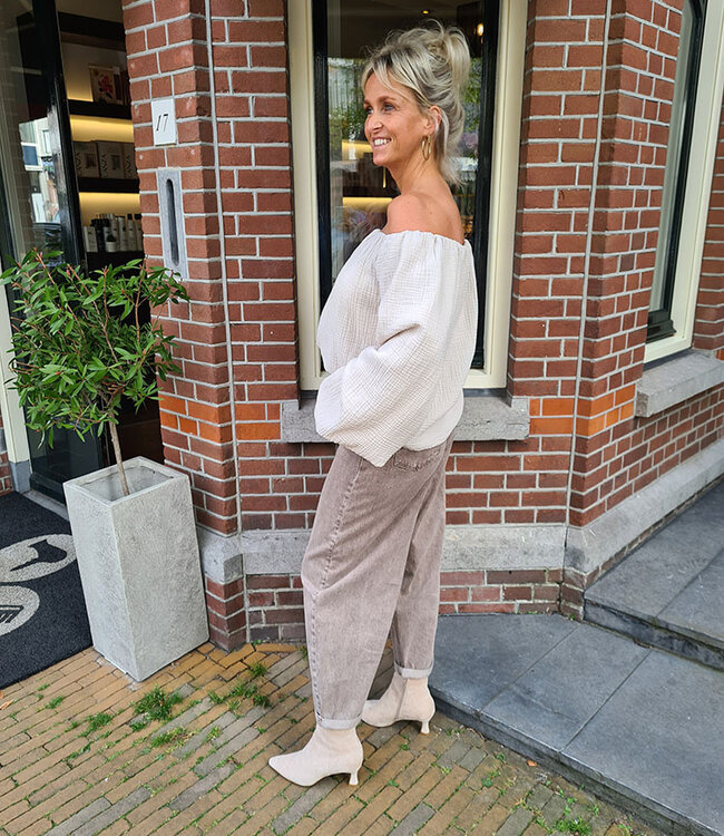 Offshoulder Blouse Pofmouw Beige