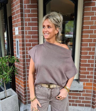 Schuine Hals Knit Top Taupe