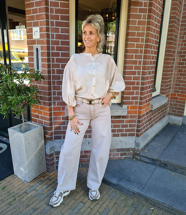 Luxe Blouse met Borduursels Crème/Beige
