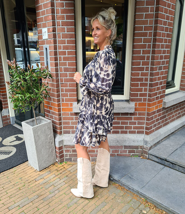 Jurkje Lange Mouw Strass Beige/Zwart