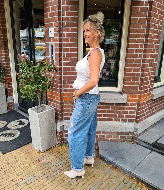 Azzurro Gesmokte Top Broderie Wit
