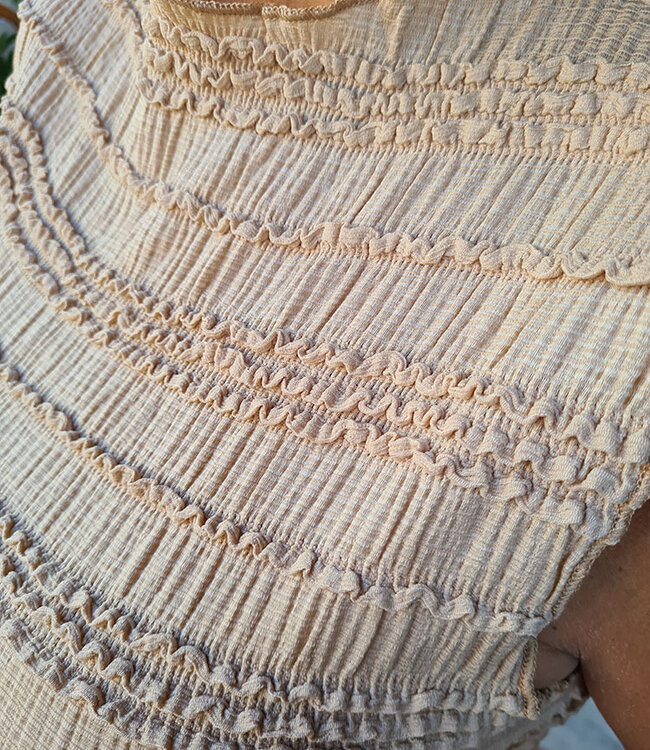 Gesmokte Mouwloze Broderie Top Camel