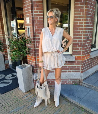2-delige Set Vhals Blouse+Broekrokje Beige