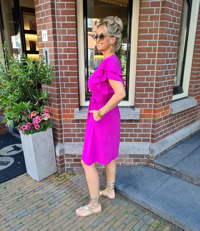 Azzurro Korte Jurk Ruffle Mouwtje Magenta