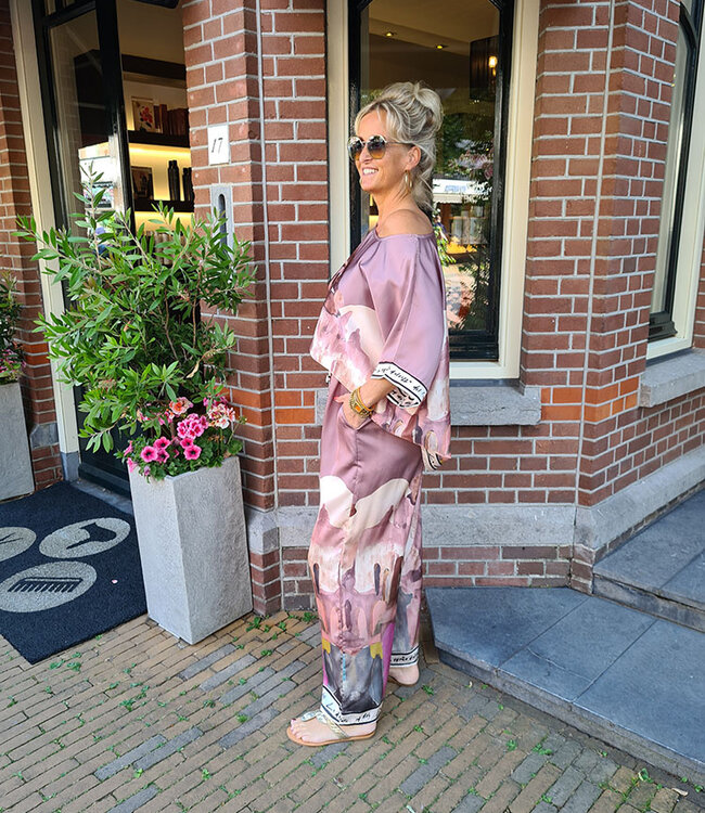 2-Delige Blouse + Broek Zijdelook Set Taupe