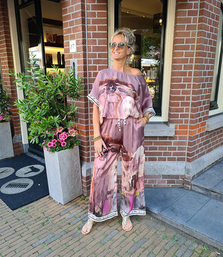 2-Delige Blouse + Broek Zijdelook Set Taupe