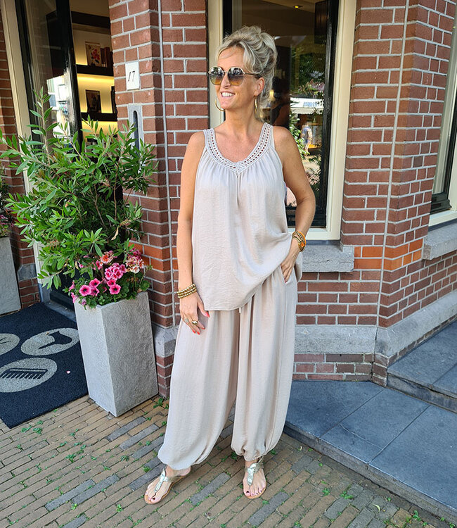 Oversized Linnenlook Top met Shimmer Beige/Taupe