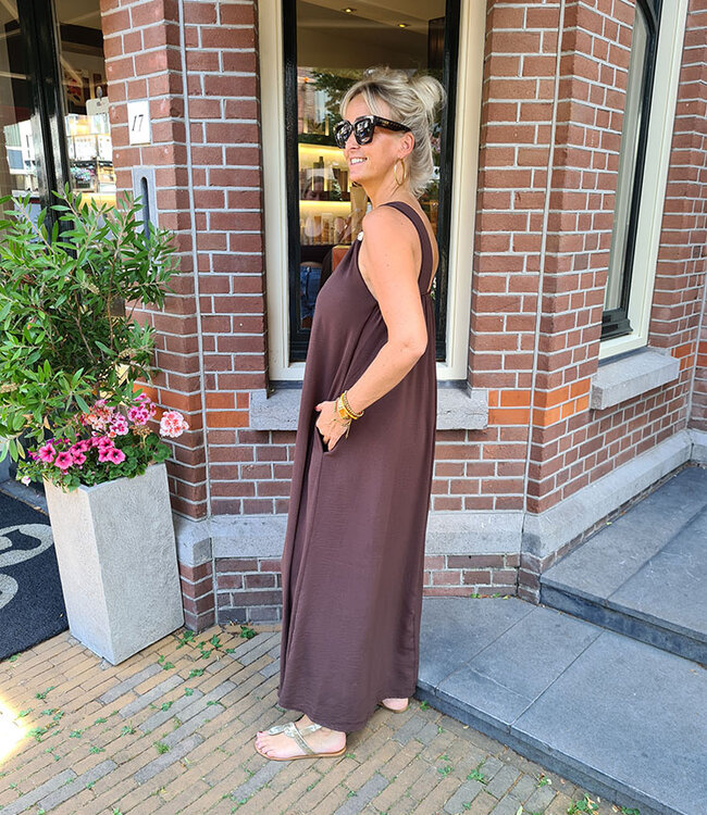 Azzurro Wijde Lange Jurk Gouden Details Bruin