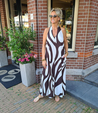 Lange Halterjurk met Print Donkerbruin/Crème