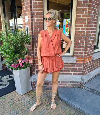 2-delige Set Vhals Blouse+Broekrokje Donker Oranje
