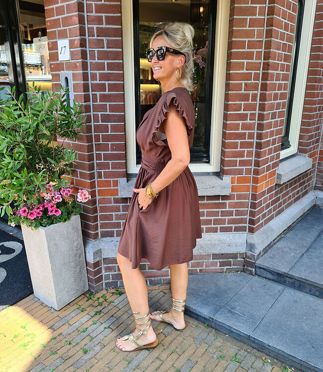 Azzurro Ruffle Dress Getailleerd Elastiek Donkerbruin